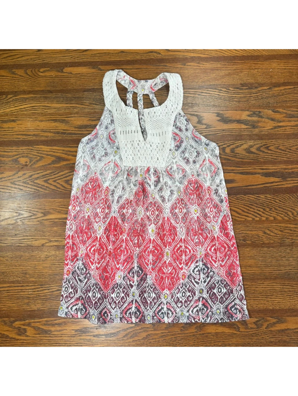 Lucky Brand Women’s Sleeveless Top Recerback Tie Back Tribal Print Gray/Red Sz M